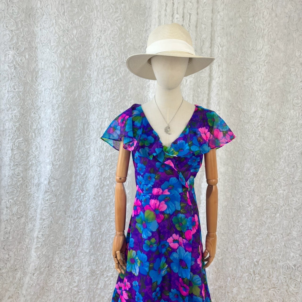 Vintage 80s Floral Maxi Dress Ruffle Sheer Overlay Purple Blue Cottagecore Boho
