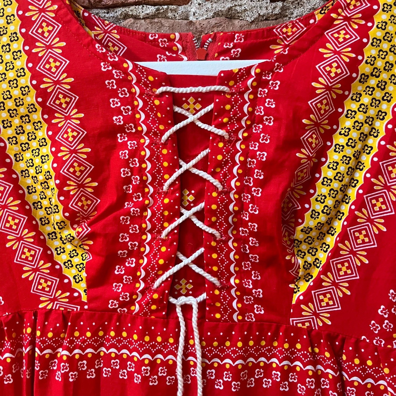 70s Renaissance Revival Red Lace Up Maxi Dress Prairie – XS