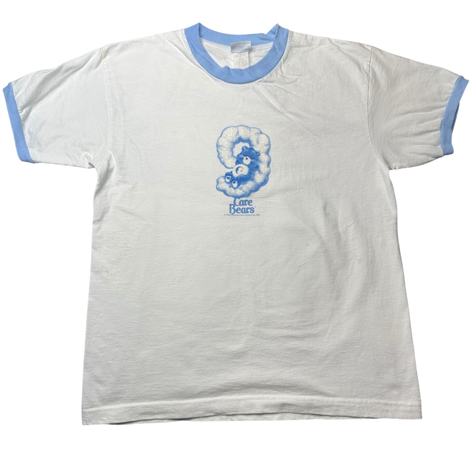 Vintage 2001 Care Bears Bedtime Bear Ringer T-Shirt White Blue XL Made in USA