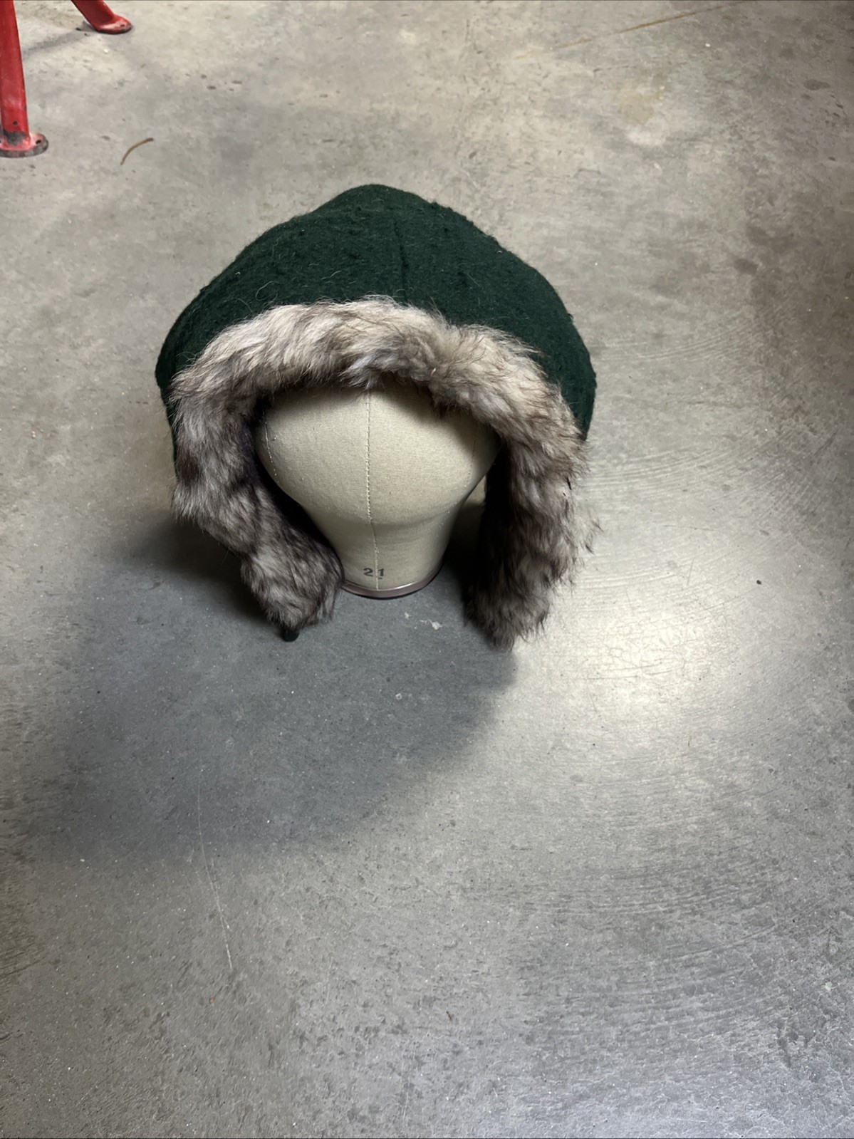 VTG 1940s Hunter Green Wool & Fur Replacement Hood Button Front Loop Attachments