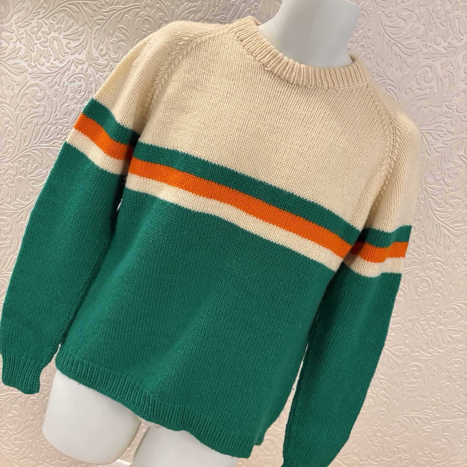 Hand Knit Pullover Sweater Jumper Handmade Bold Stripe Green Size M VTG 90’s Y2K