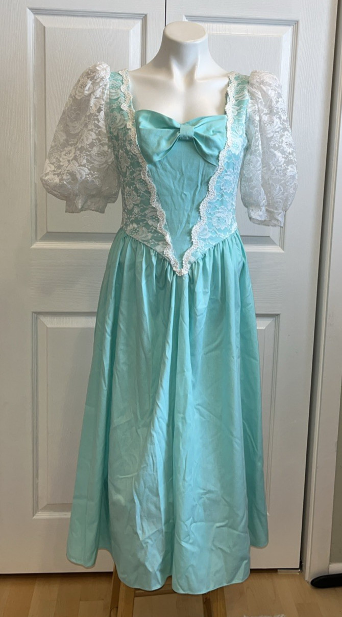VTG 80s Party Dress Lace Puffy Sleeves Full Skirt Bow Teal Blue Green Sz S