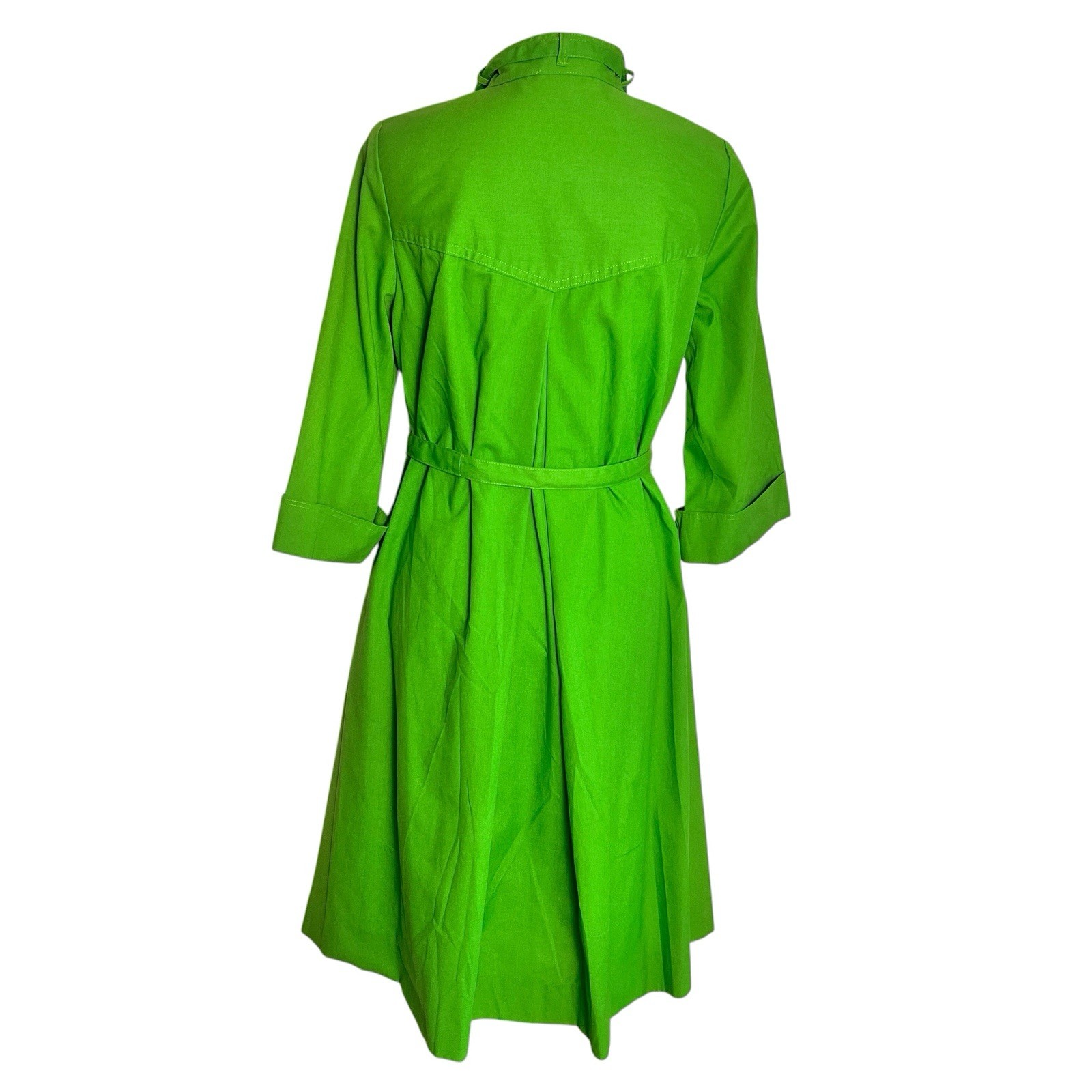 Vtg 1980s Alan Kan Green Shirt Dress Belted Button Front Pockets A-Line Mod M/L