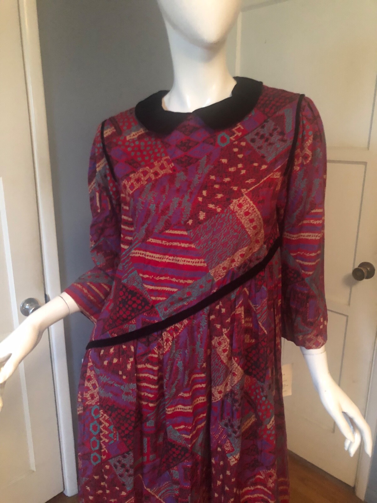 NWT Vtg 80s HORCHOW Dress M Rayon ART PATCHWORK Print COTTAGECORE Collar MIDI