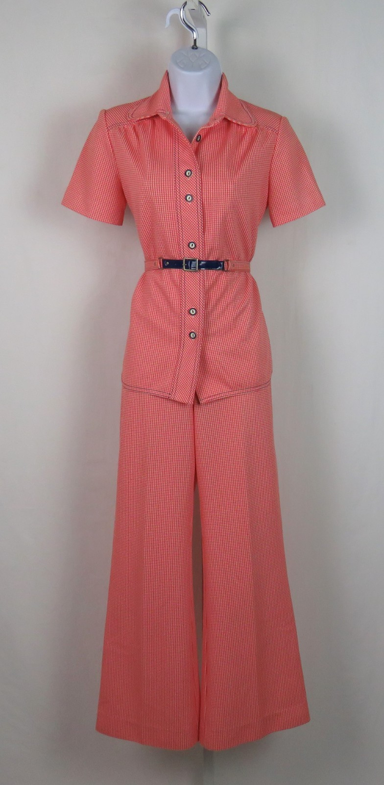 VTG 1960s MOD GAY GIBSON CHECKERED PANTS TOP BELT OUTFIT HOUNDSTOOTH RED/ORANGE