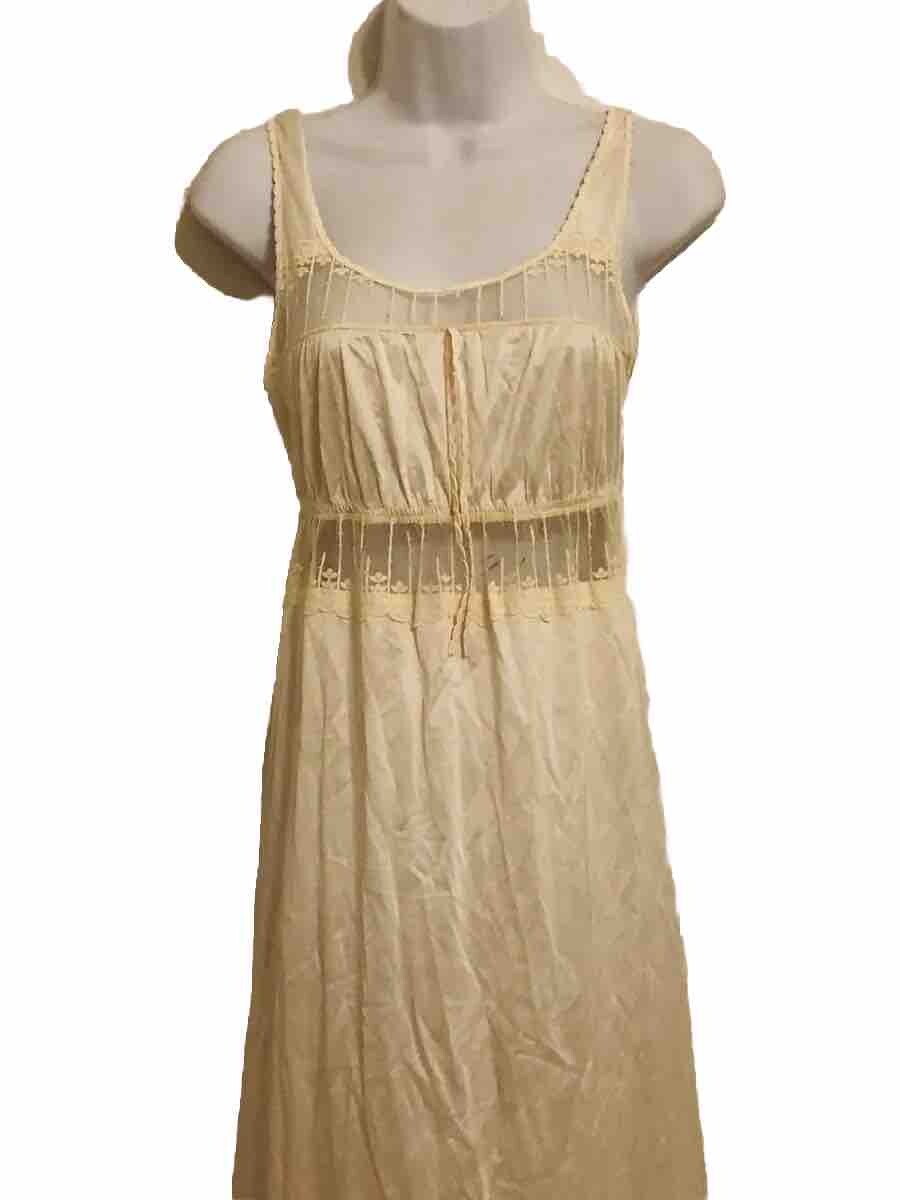 VTG Keynote Long Ivory Nightgown Made In UK Sheer Nylon Mesh Lace US S UK 10-12