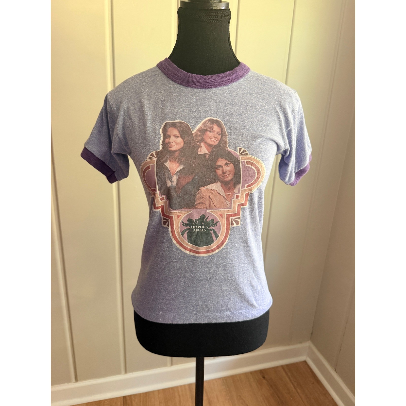 Vintage 70s Charlies Angels Ringer Tee Baby Tee Purple Blue Walters Sportswear L
