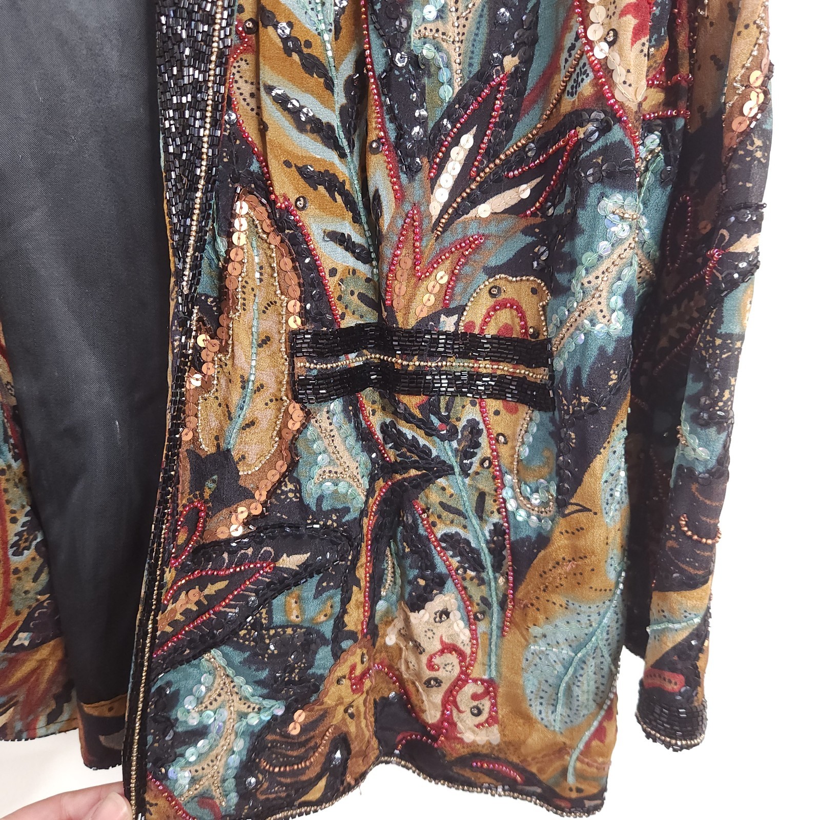 Vintage Judith Ann Creations Sequin Beaded Silk Jacket Floral Leaf Design