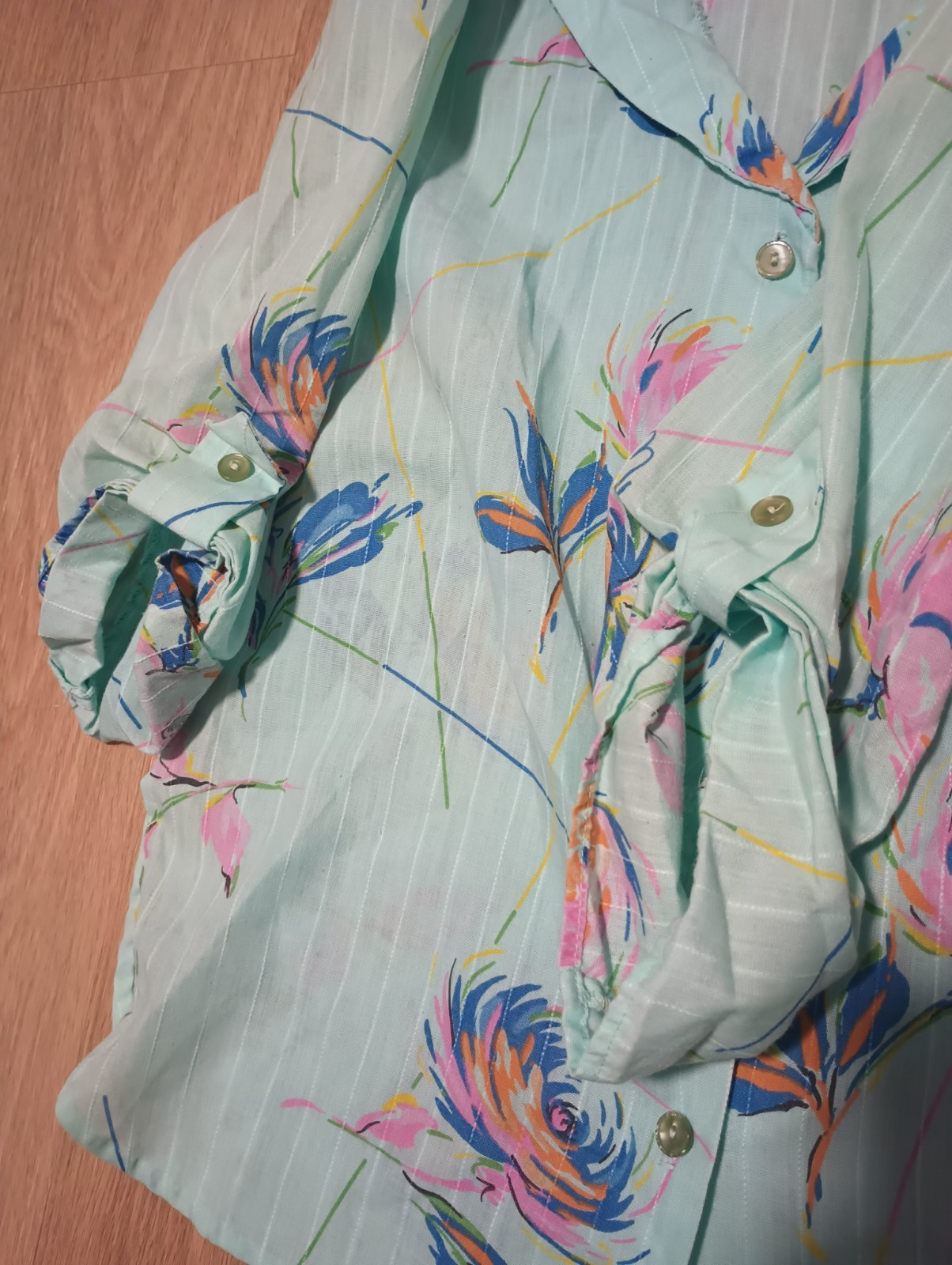 Vtg 80s Green Blue Shawl Collar Button Up Blouse Top new wave kitsch paint M L