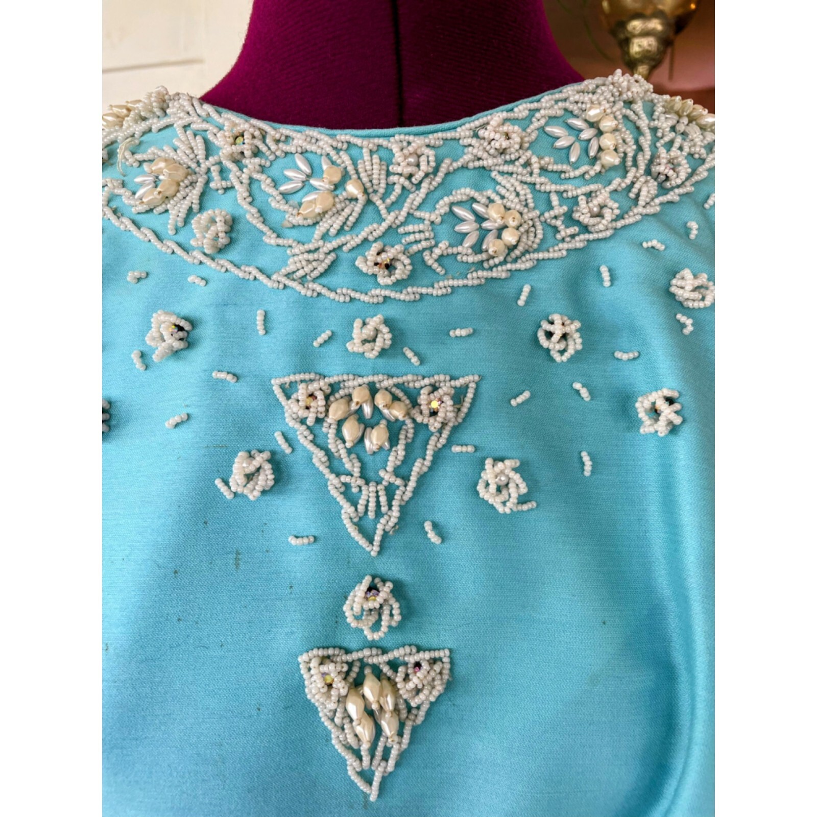 Vintage 1960s Blue Heavy Beaded Silk/wool Blend Midi Dress