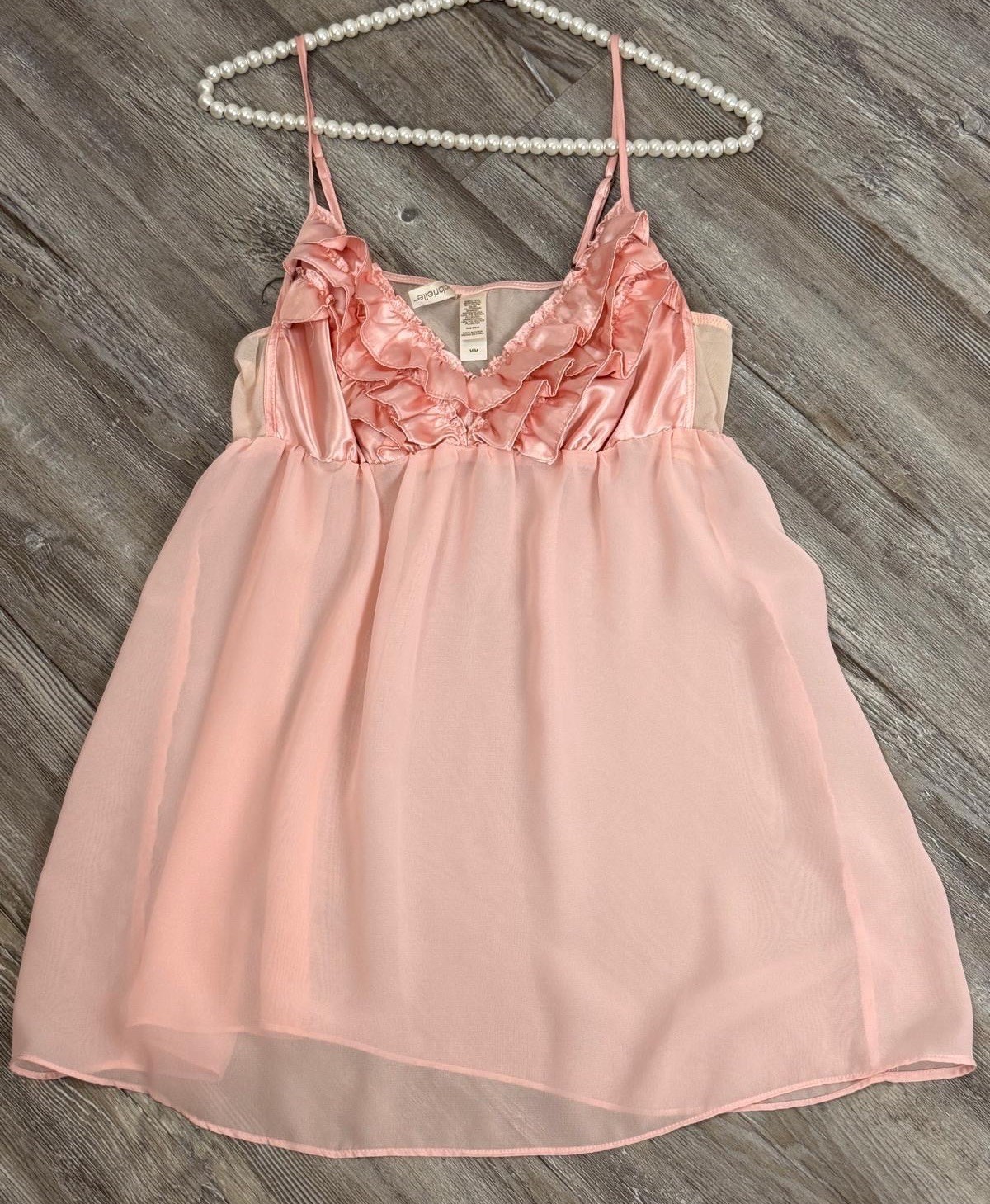 VTG Y2K Ambrielle™ Pink Sheer Chiffon Ruffled Satin Bra Babydoll Night Dress M