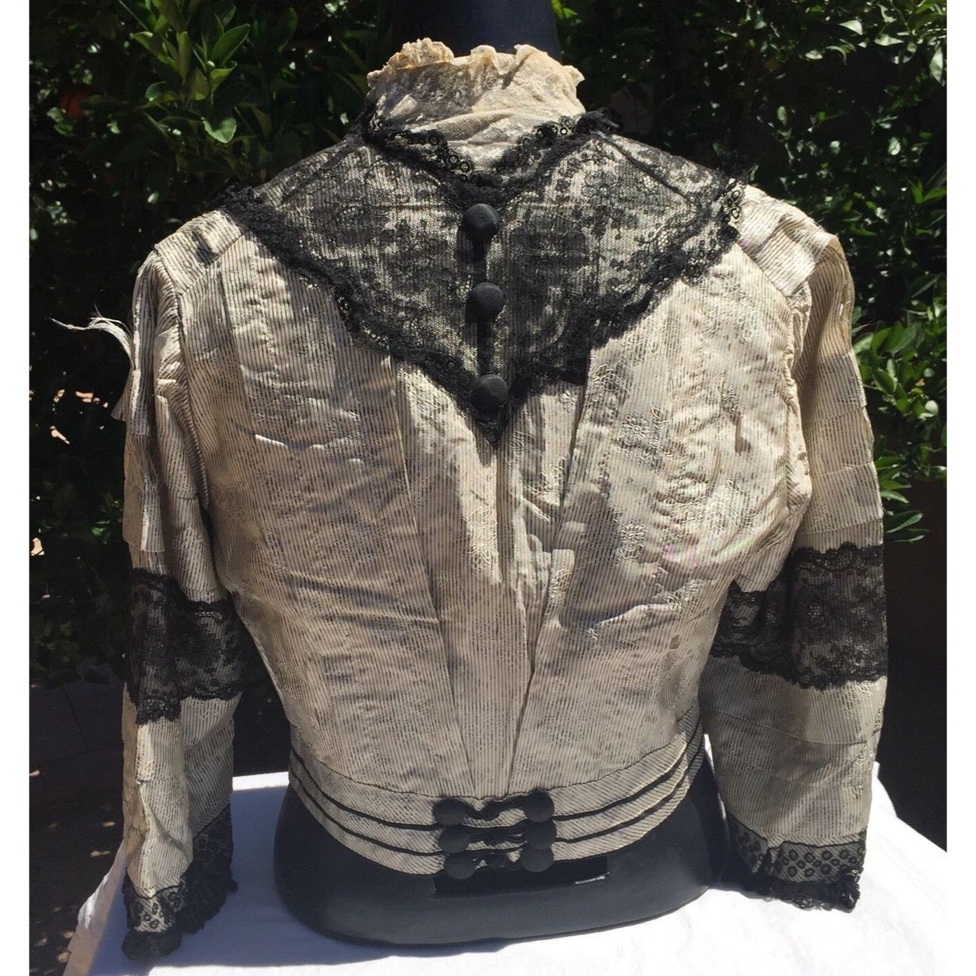 Antique Victorian Day Dress Bodice Cream Silk Black Lace Boned Blouse DAMAGED