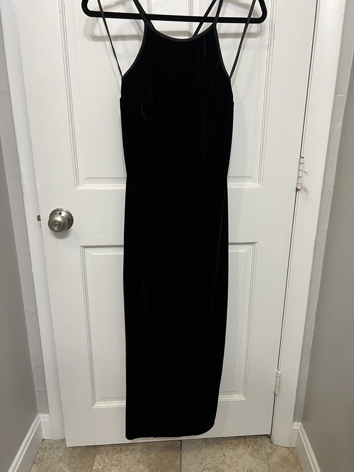 Vintage 90s Finesse Black Velvet Sz S Strap Dress Gown Formal Goth Y2k Stretchy