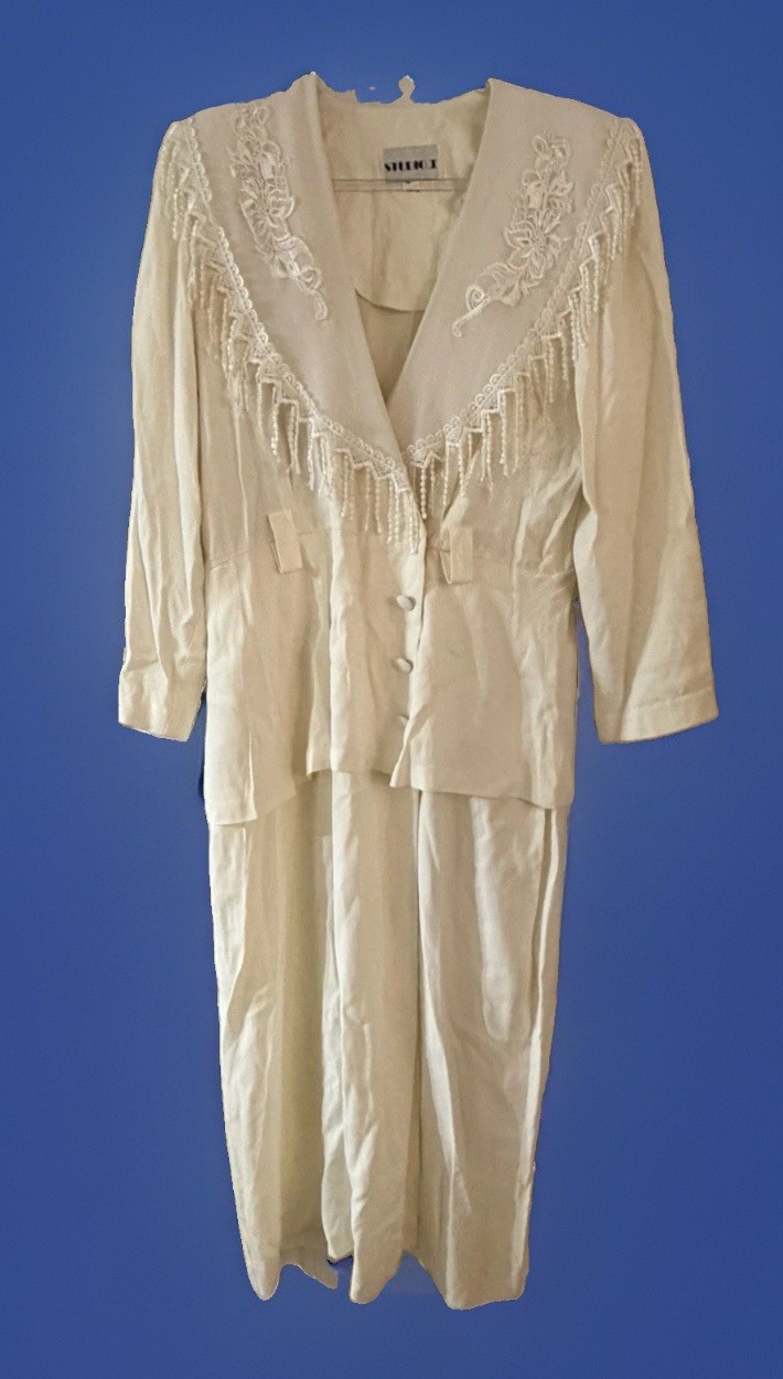 VTG 80s Studio I Cream Dress 14 Western Fringe Beaded Lace Cowgirl Rodeo Midi