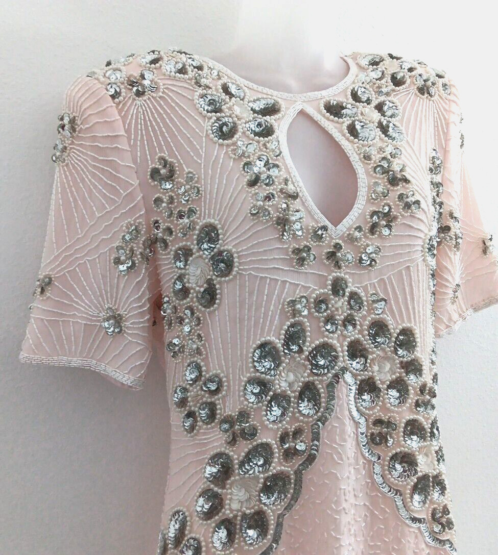 Jennifer Evening Gown Medium Light Pink Midi Silk Bead Sequin Keyhole NEW Bridal
