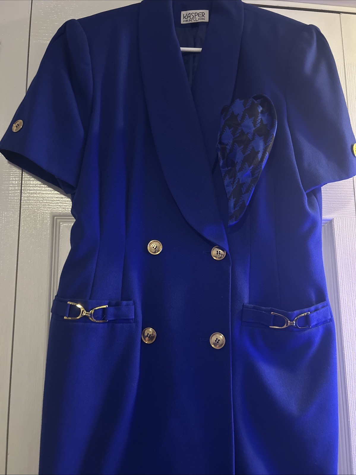 Vtg Kasper for ASL Royal Blue Dress 80s 90s Gold Button Horsebit Office Career