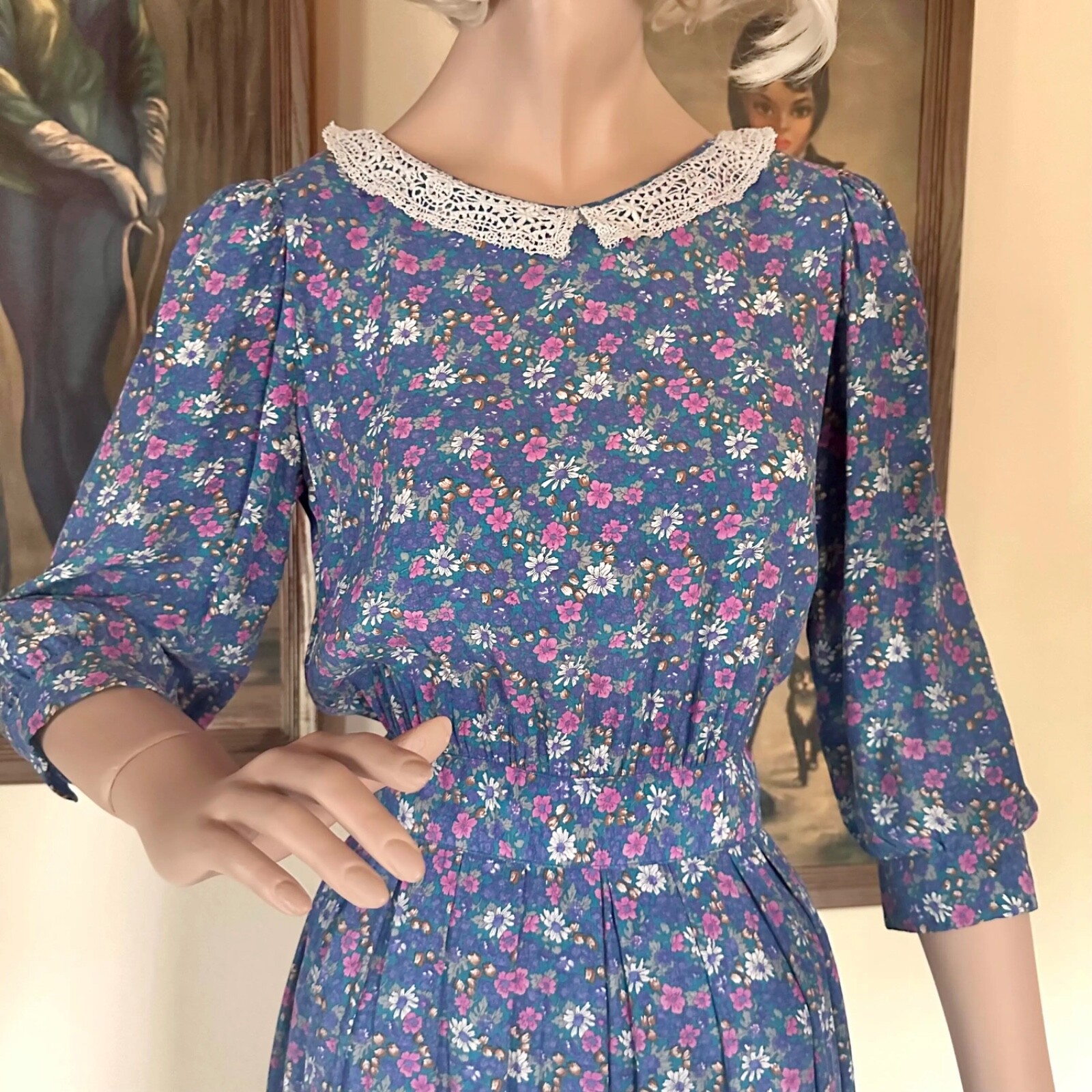 Vintage 80s Romantic Floral Prairie Day Dress Puff Sleeve Secretary S