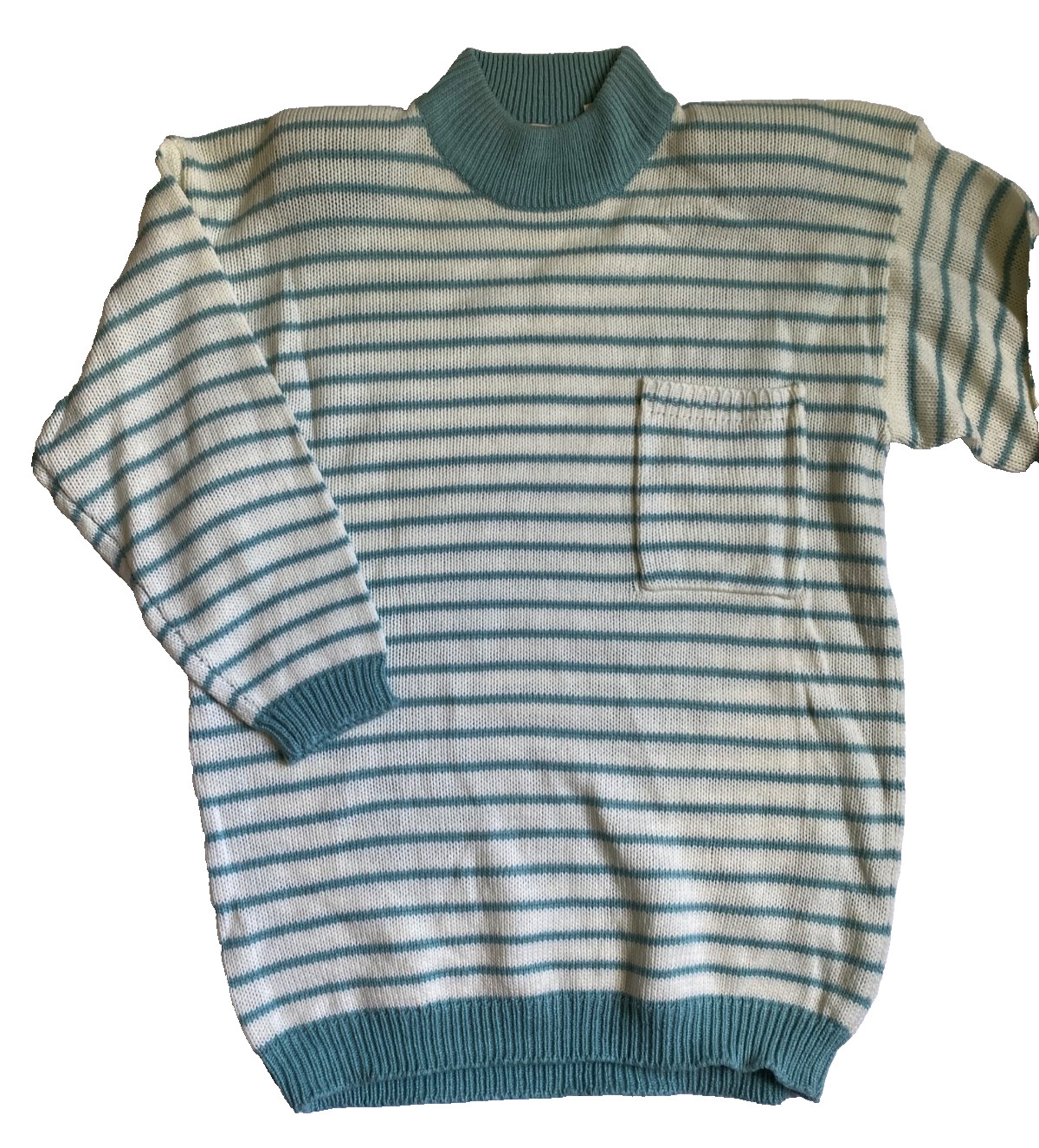 Vintage 80s A’Milano Teal and White Striped Knit Short Sleeve Sweater Women’s L