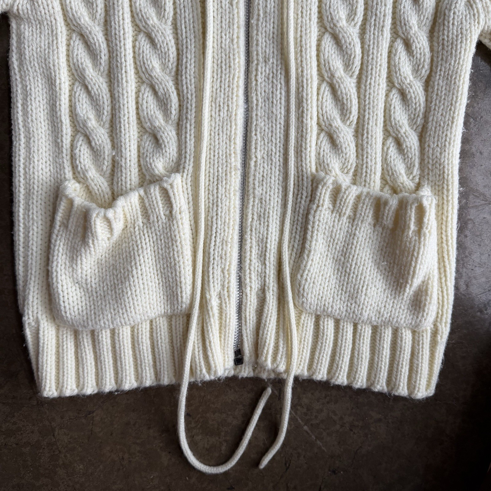 Vintage 80’s JC Penney Cream Cable Knit Acrylic Zip Drawstring Hoodie Women’s XS