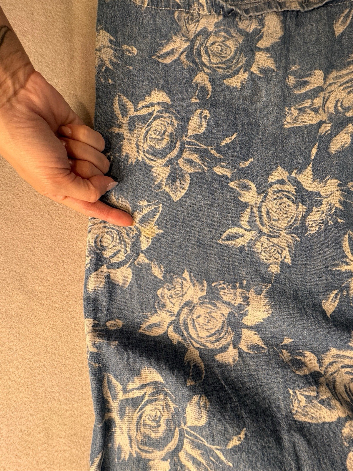 VTG Studio Ease 90s Floral Denim Maxi Dress Blue Cotton Button Back Measurements