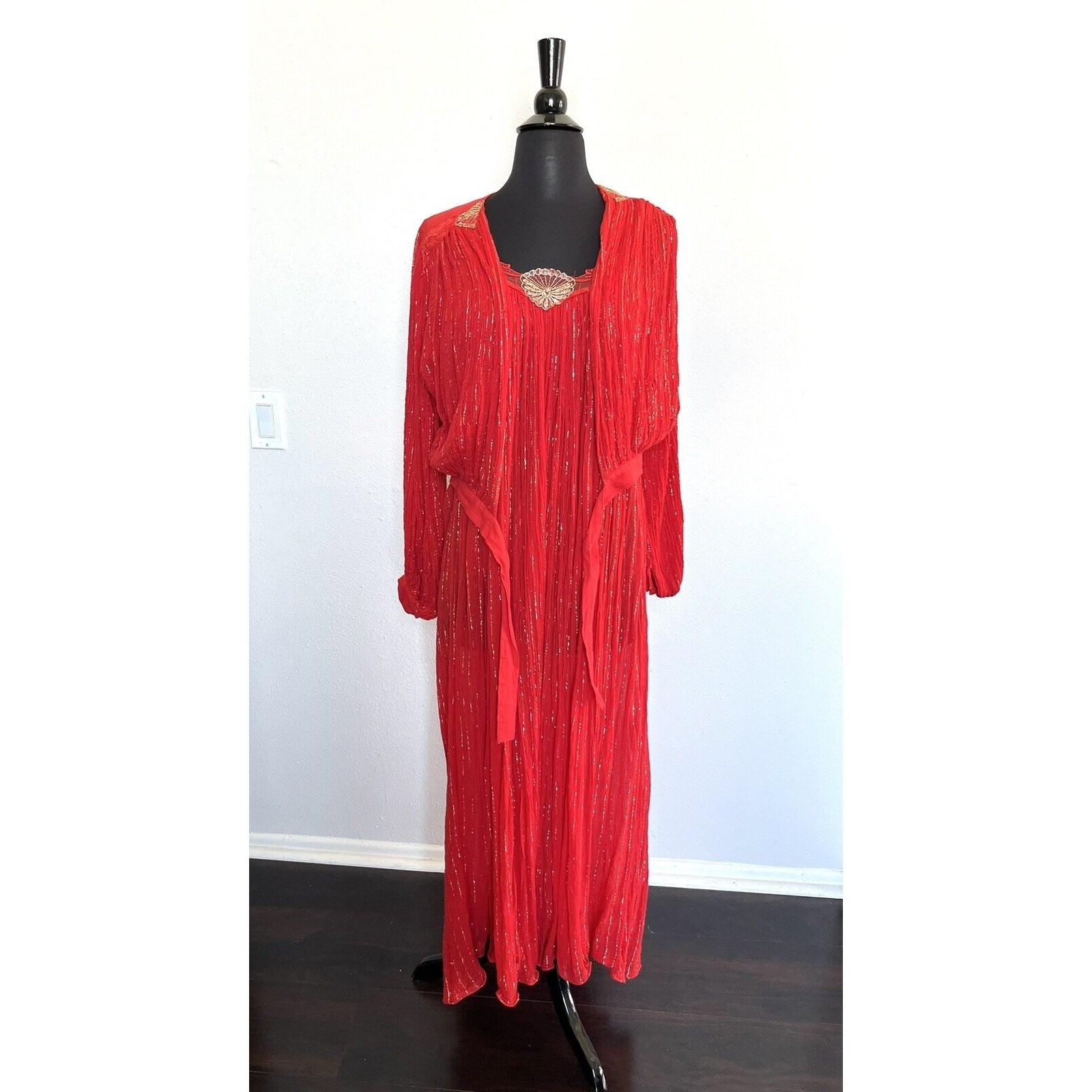 Vintage Rare Maxi Dress M Cotton Gauze Made in Greece Red Gold Thread Boho