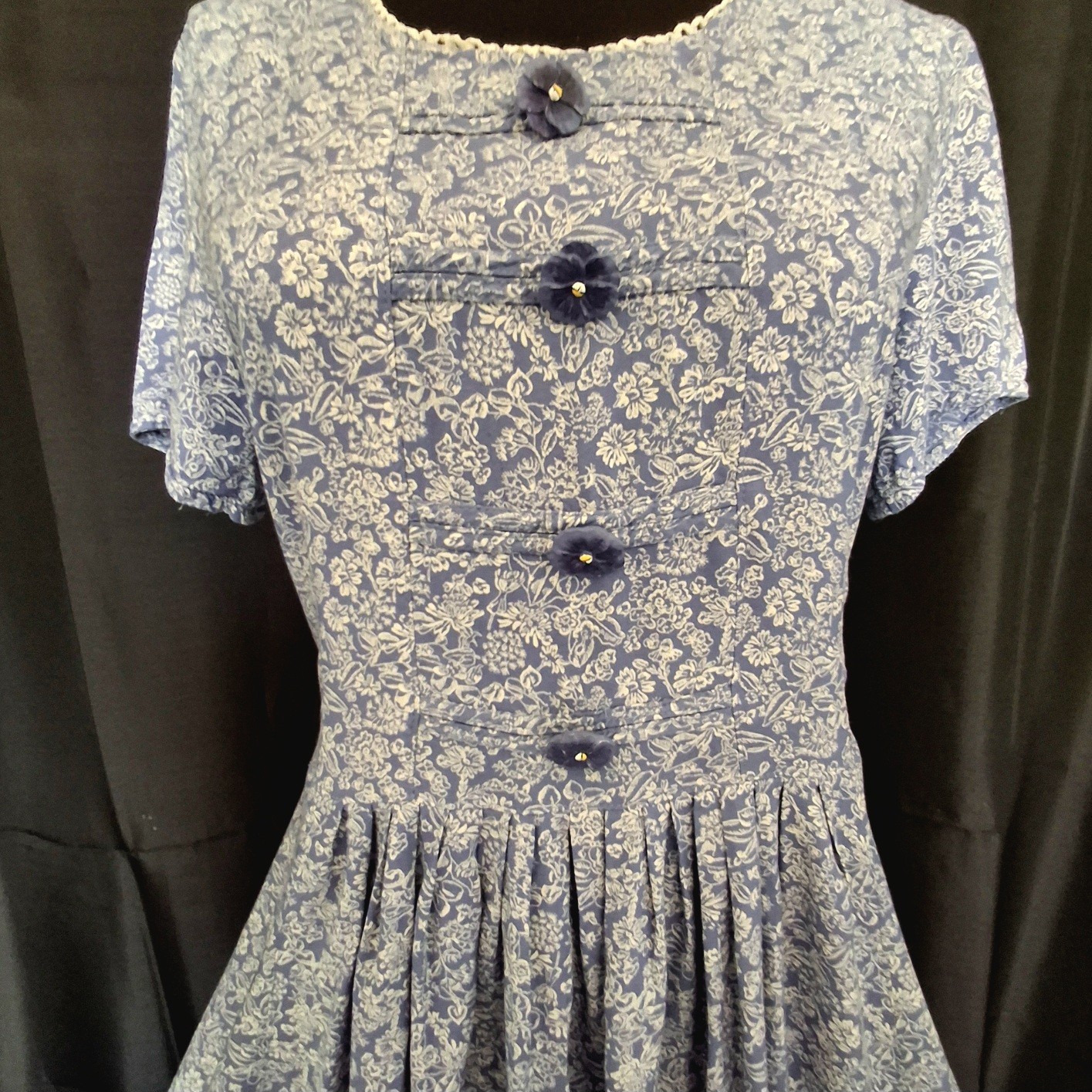 Vtg 90s blue floral Tie Back midi Dress Cottage Prarie Modest romantic Sz S