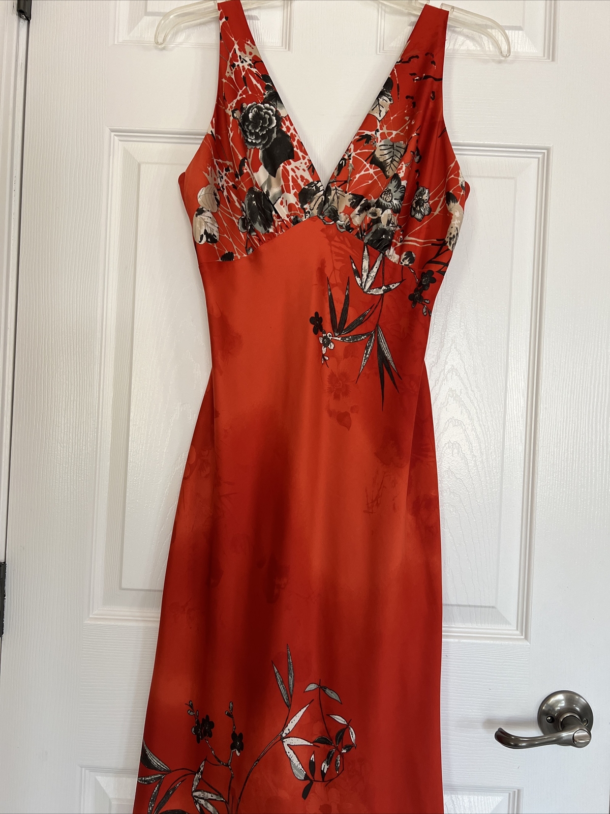 Vintage Deep V-neck Sleeveless Lingerie Inspired Floral Orange Maxi Dress S/M