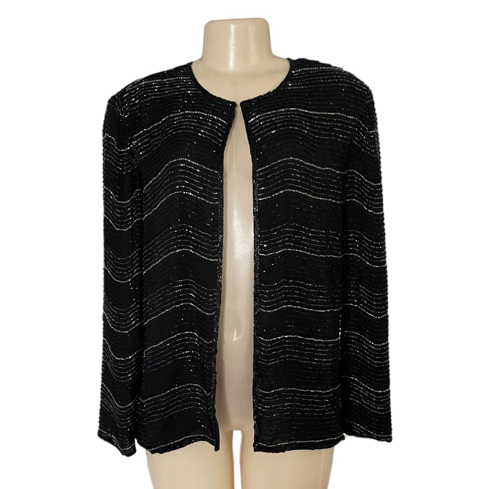 80s Laurence Kazar Hand Beaded Silk Jacket Black Wedding Guest Formal Blazer L
