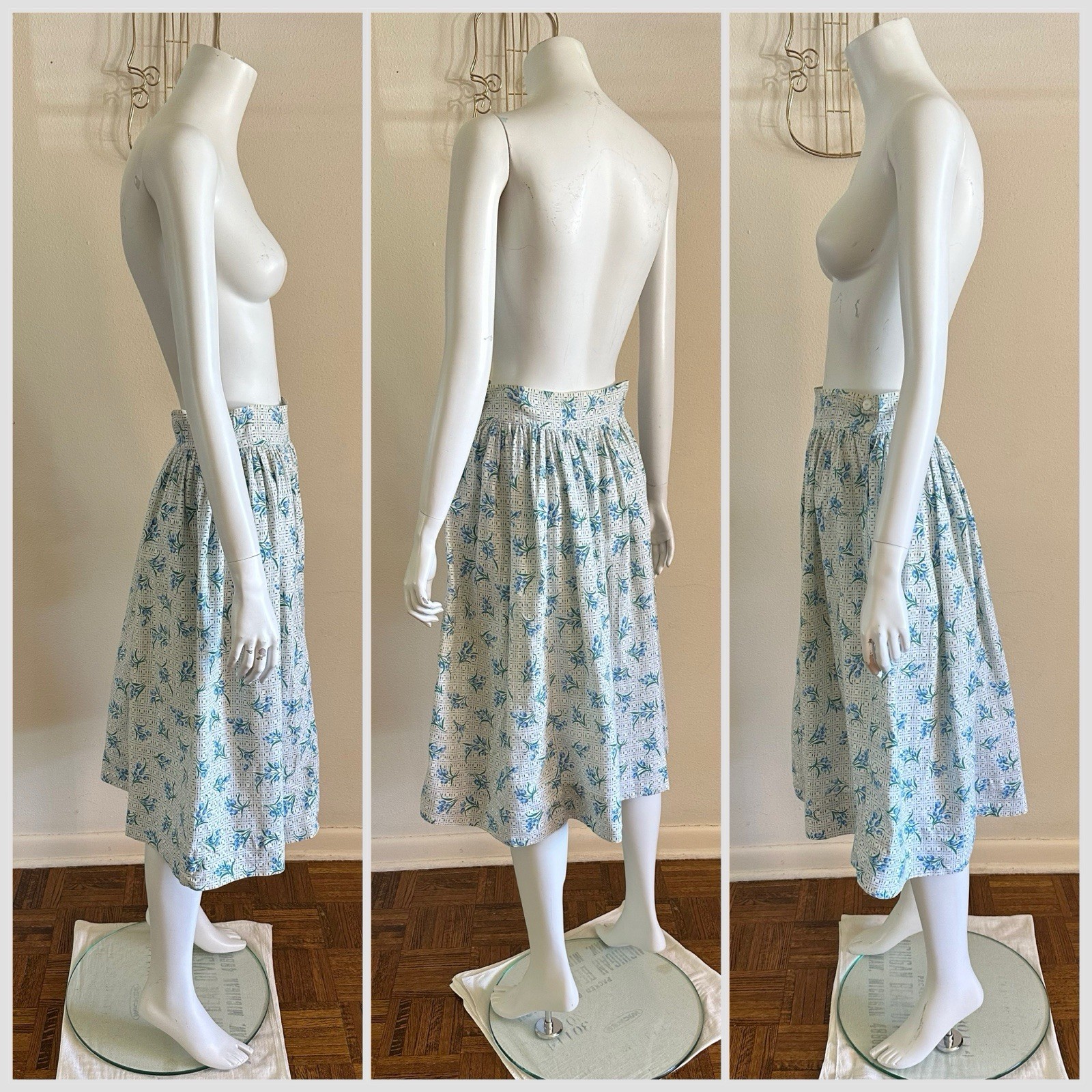 1930s 40s Feed Sack Skirt 28” Waist Blue Floral Tulip Grid Fabric Cotton MOP VTG