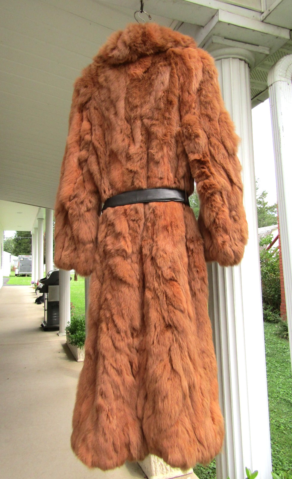 Vintage KAMAL Long Brown Rabbit Fur Wrap Ladies Satin Lined Belted Coat – Medium