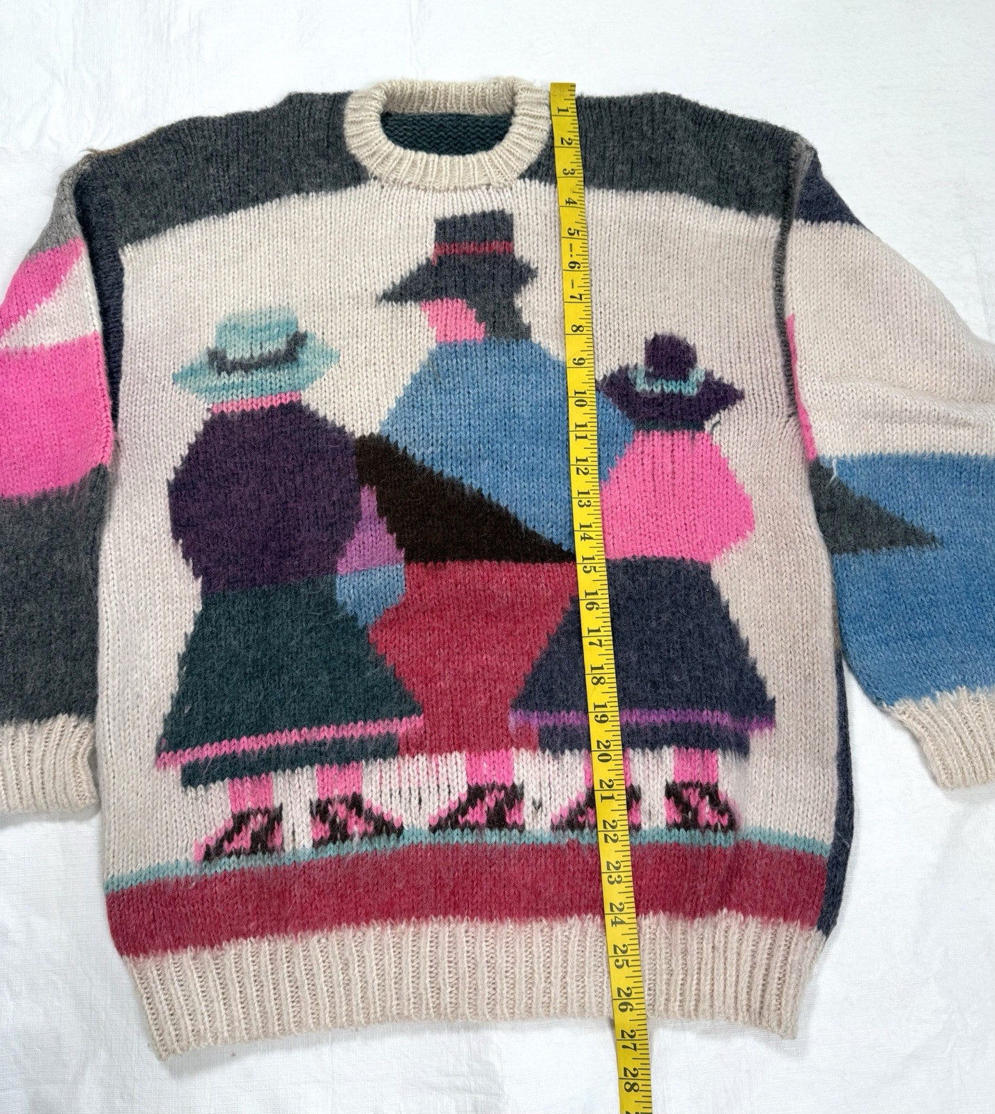 Vtg 80s Peruvian Baby Alpaca Sweater Wool S/M Geometric Design Women In Hats
