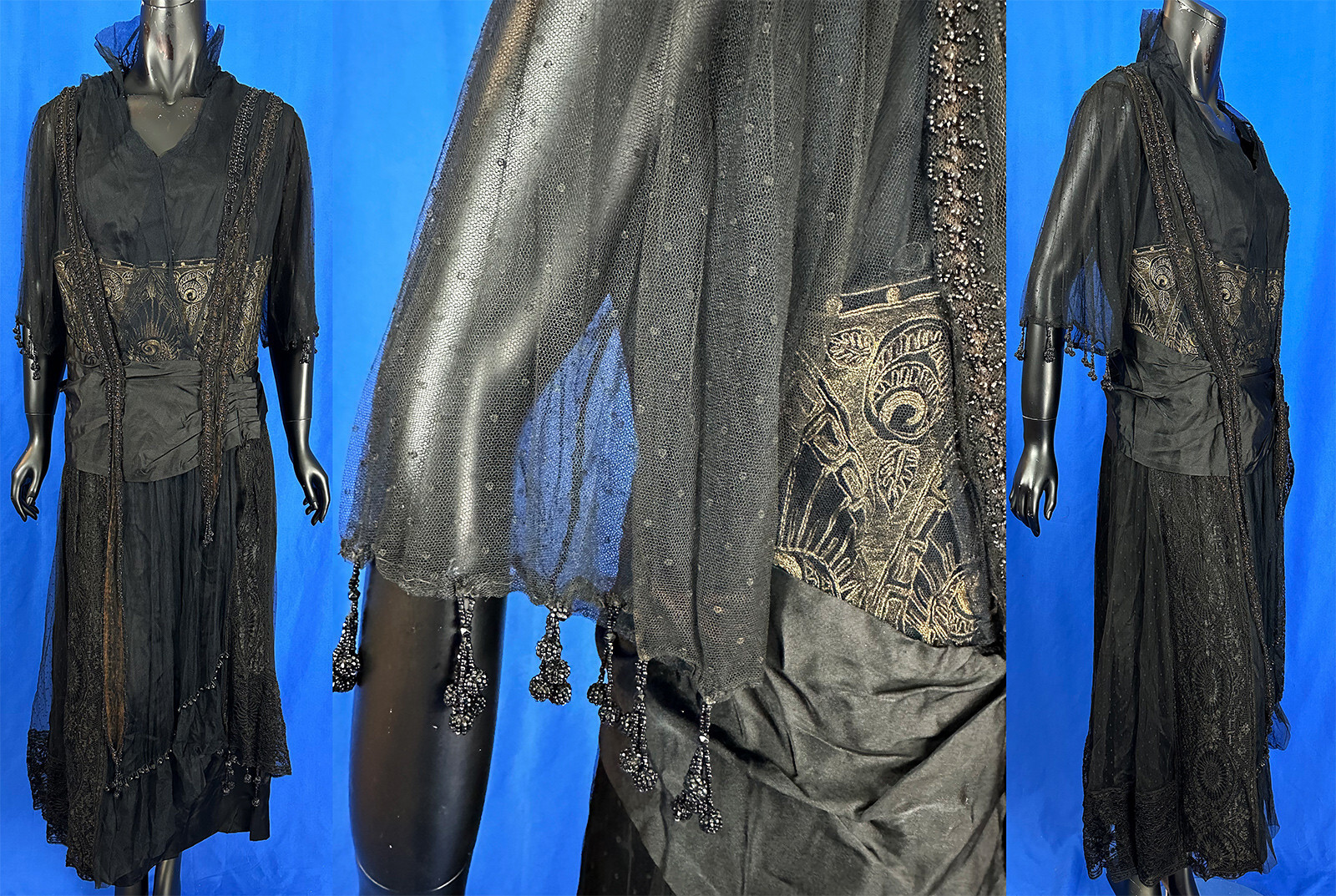 Vintage 1918 Black Swiss Dot Net Gold Lame Lace Jet Beaded Evening Gown Dress