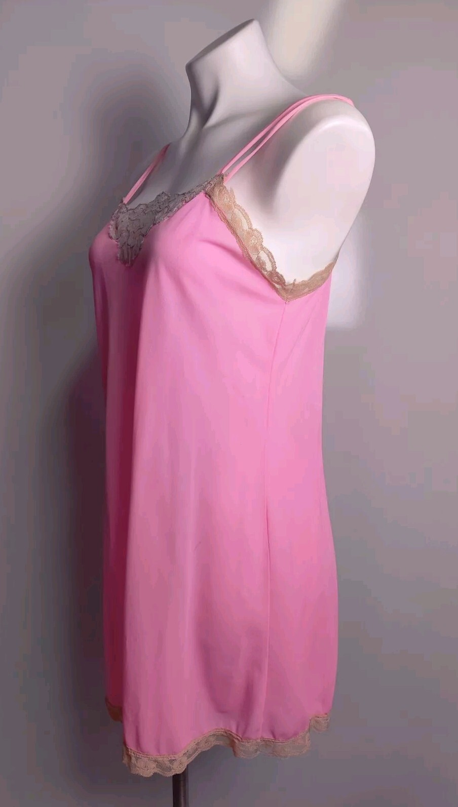 Vintage Avian Hot Pink Nylon Nightgown Lace Trim Modified **Flawed Medium