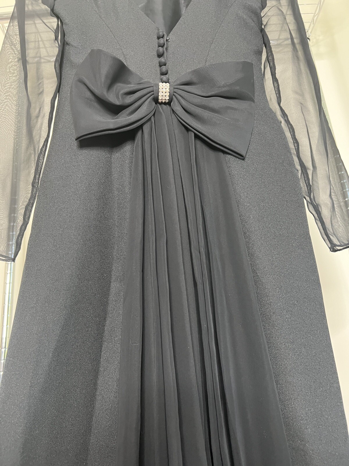 Vintage HW Collections Sz 10 Black Formal Sheath Dress Sheer Sleeves Big Bow 90s