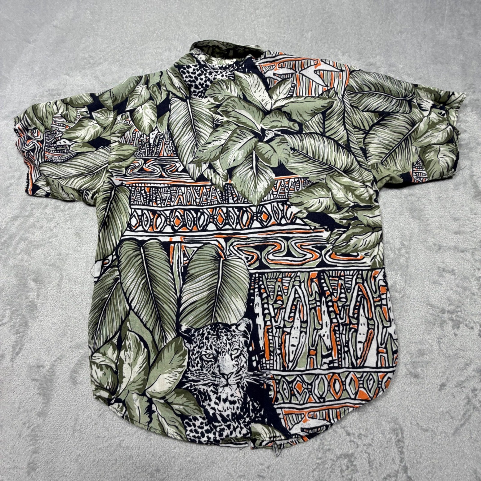 Vintage 90s Anxiety Leopard Jungle Print Rayon Shirt Green Black Small Made USA