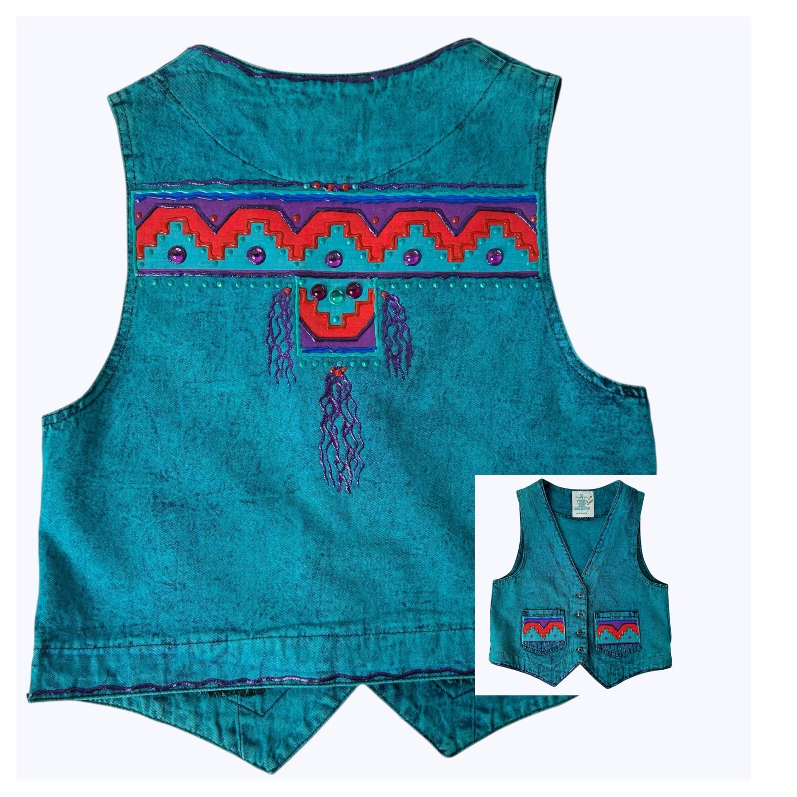 Vtg Turquoise Tyrtle Painted Design Wear Vest Southwestern Acid Wash Festival OS