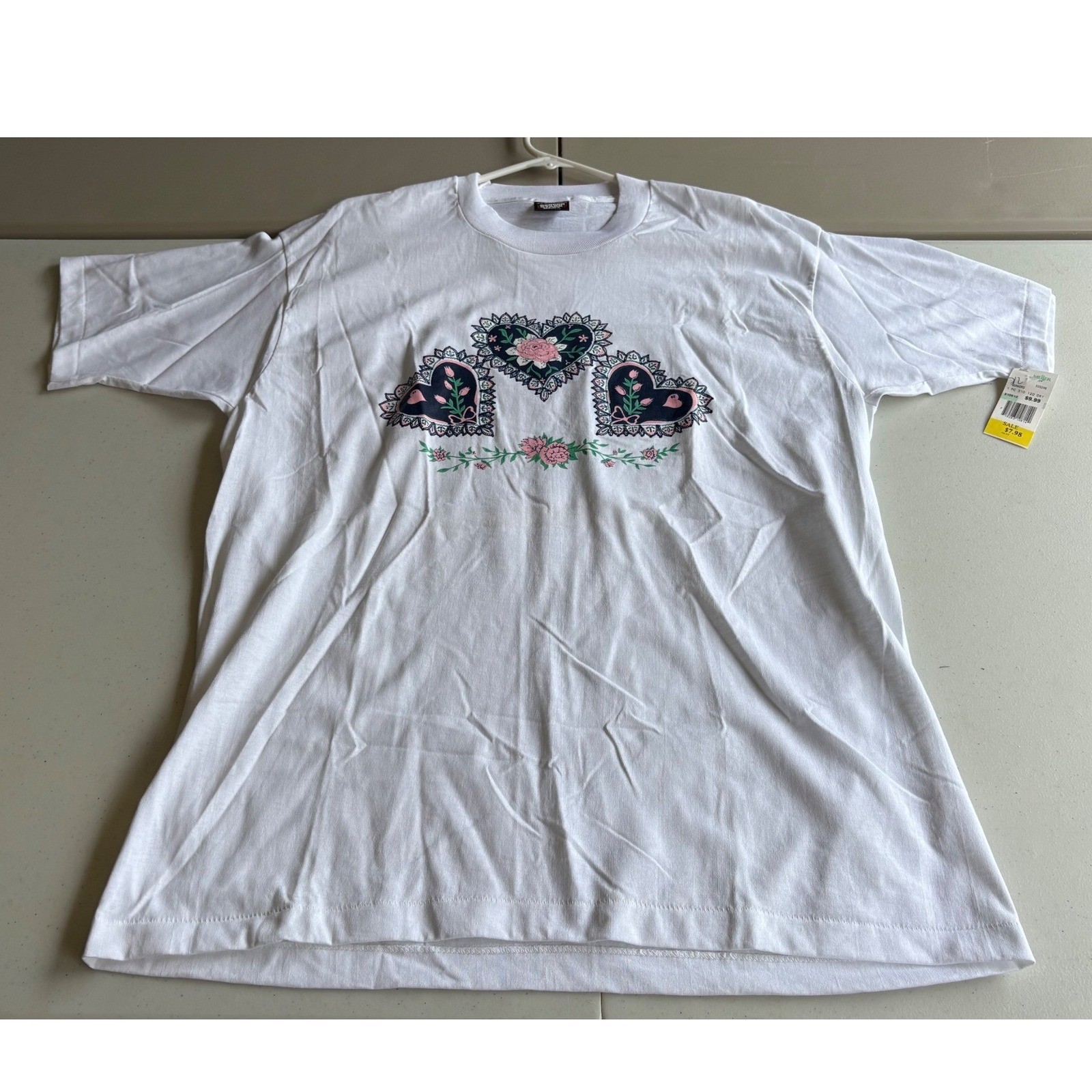 Vintage 90s Floral Hearts Cottagecore T-Shirt White XL Made in USA Screen Stars