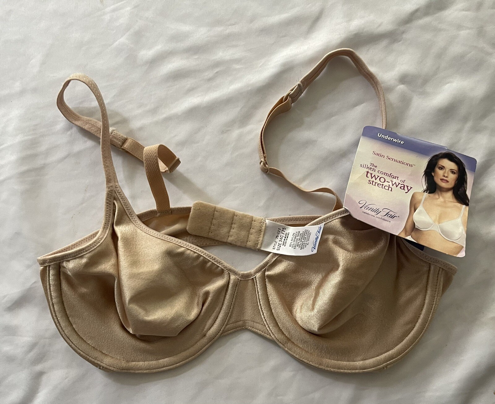 VTG VANITY FAIR 34c SATIN SENSATIONS BRA UNDERWIRE 2-way Stretch NWT Beige