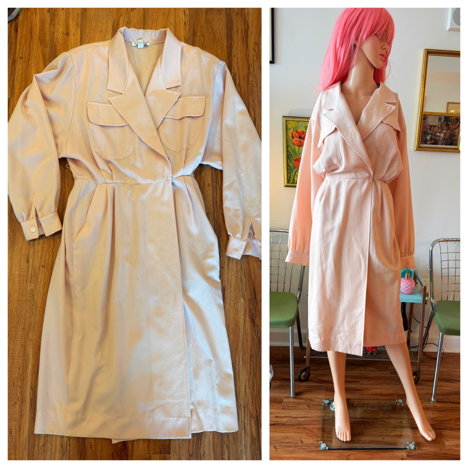 🤍 Vintage 80s Garfinckel’s Blush Safari Wrap Shirt Dress Working Girl USA M/L