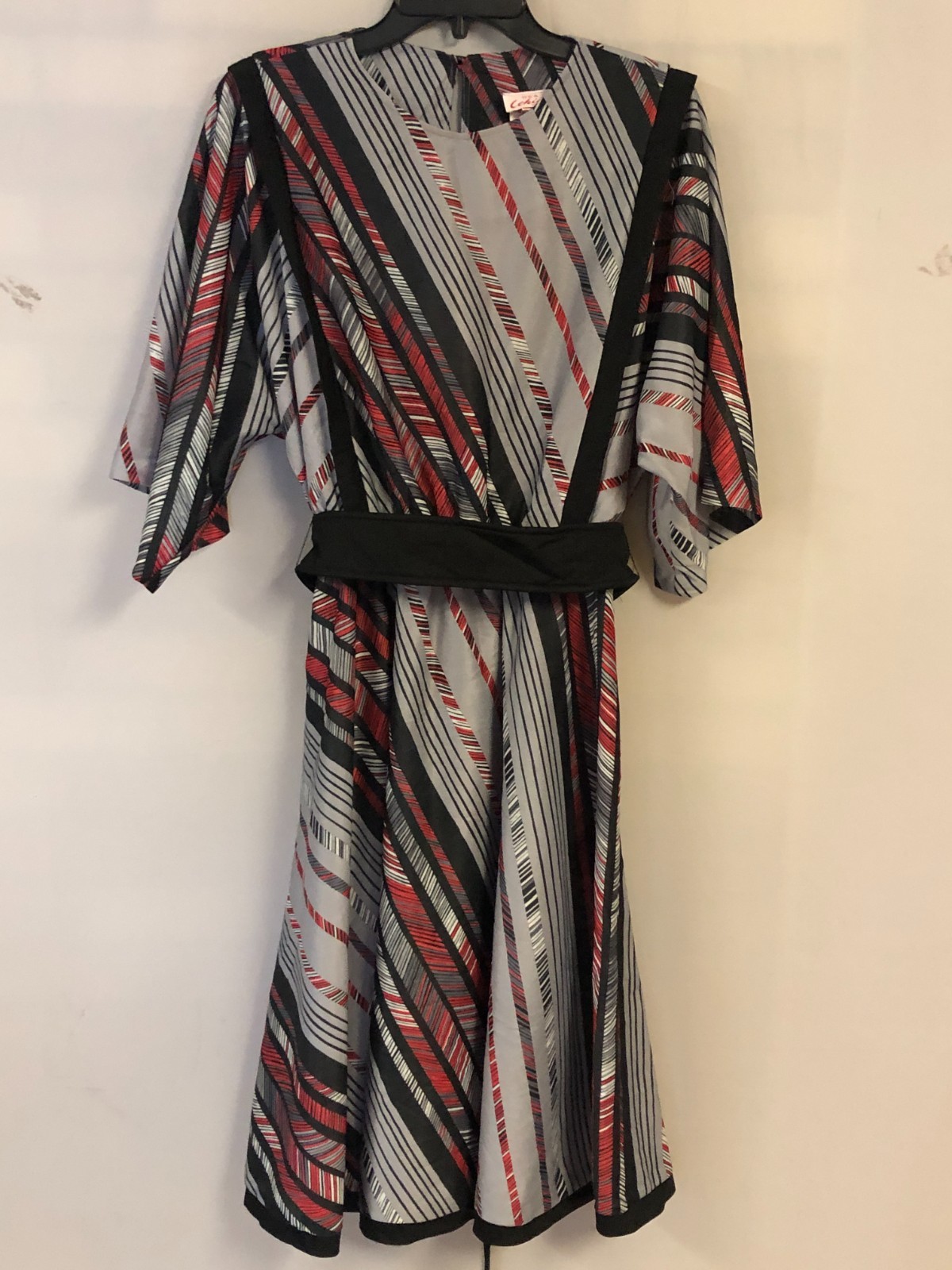 Vtg 1970s It’s A Lehigh Abstract Striped Dress Sz 10 Belted Kimono Sleeves Sheer
