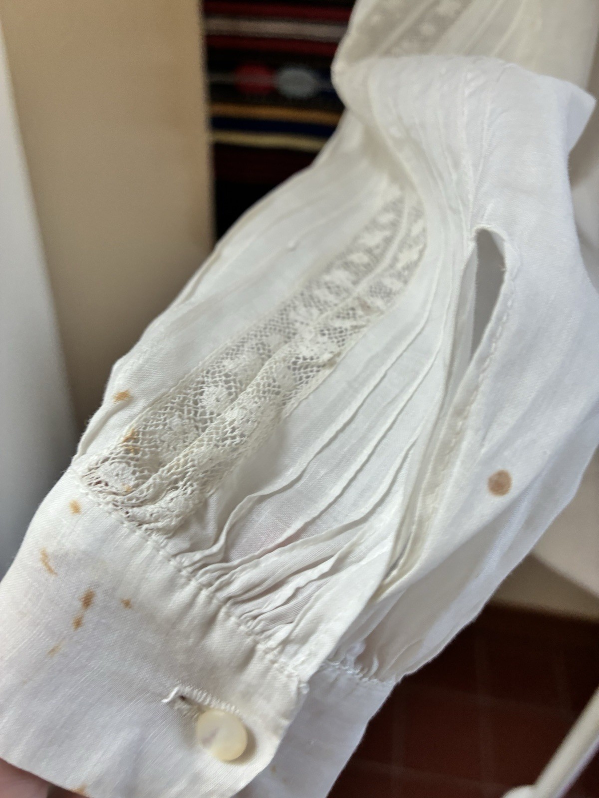 Vintage Handmade 40s White Pintuck Lace Button Up Blouse Top Size M
