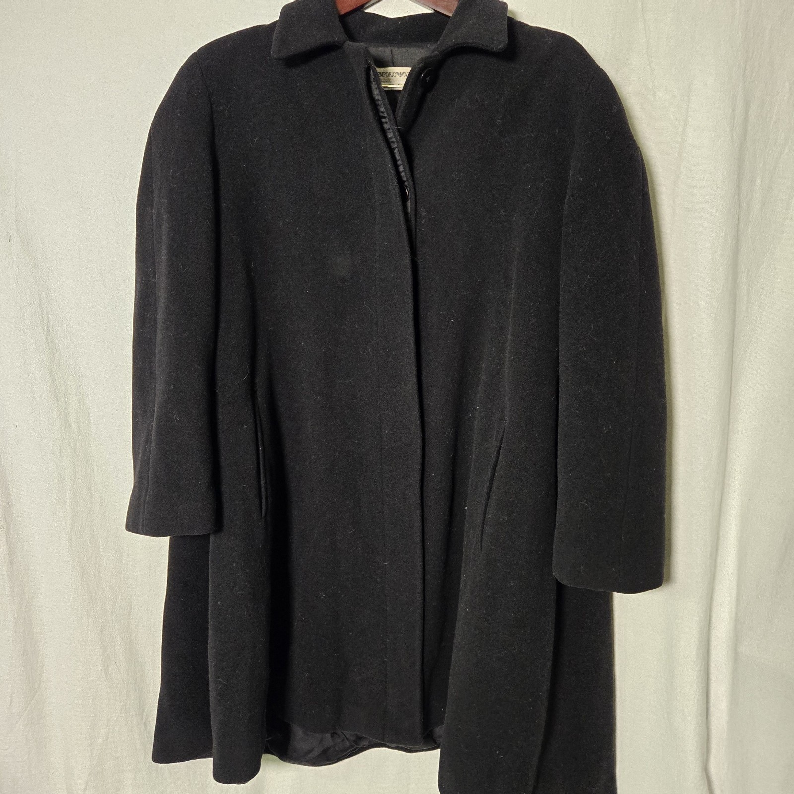 Vintage Emporio Armani Italy Womens 44 Swing Coat Virgin Black Wool Satin Lined
