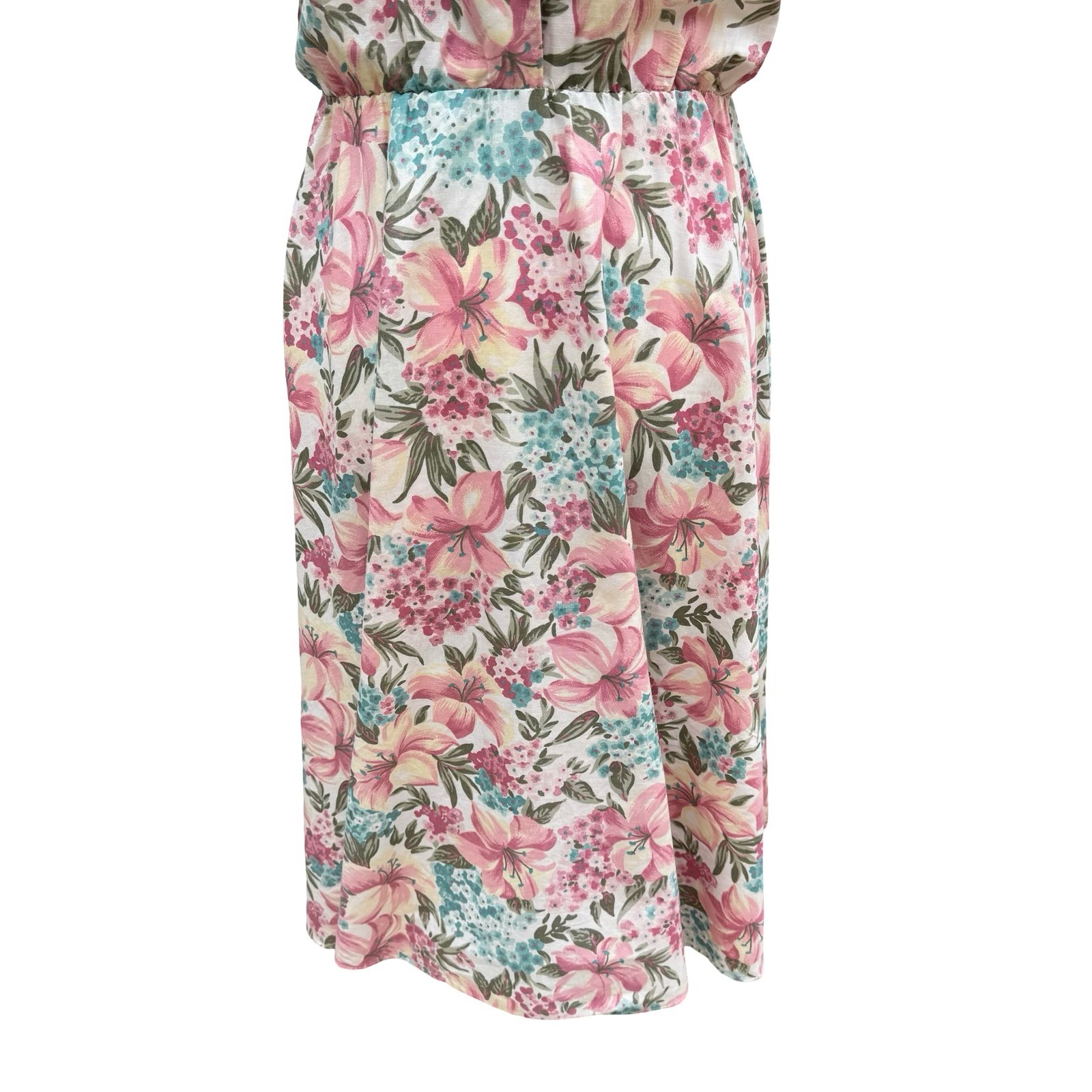 California Looks Vintage 80s Floral Midi Dress Pink Blue Cotton Petite 6P USA