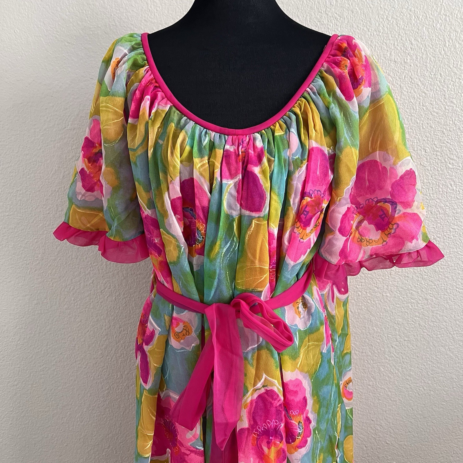 Vintage Jenelle of California Gown Belted Ruffles Floral Lined Colorful Nylon