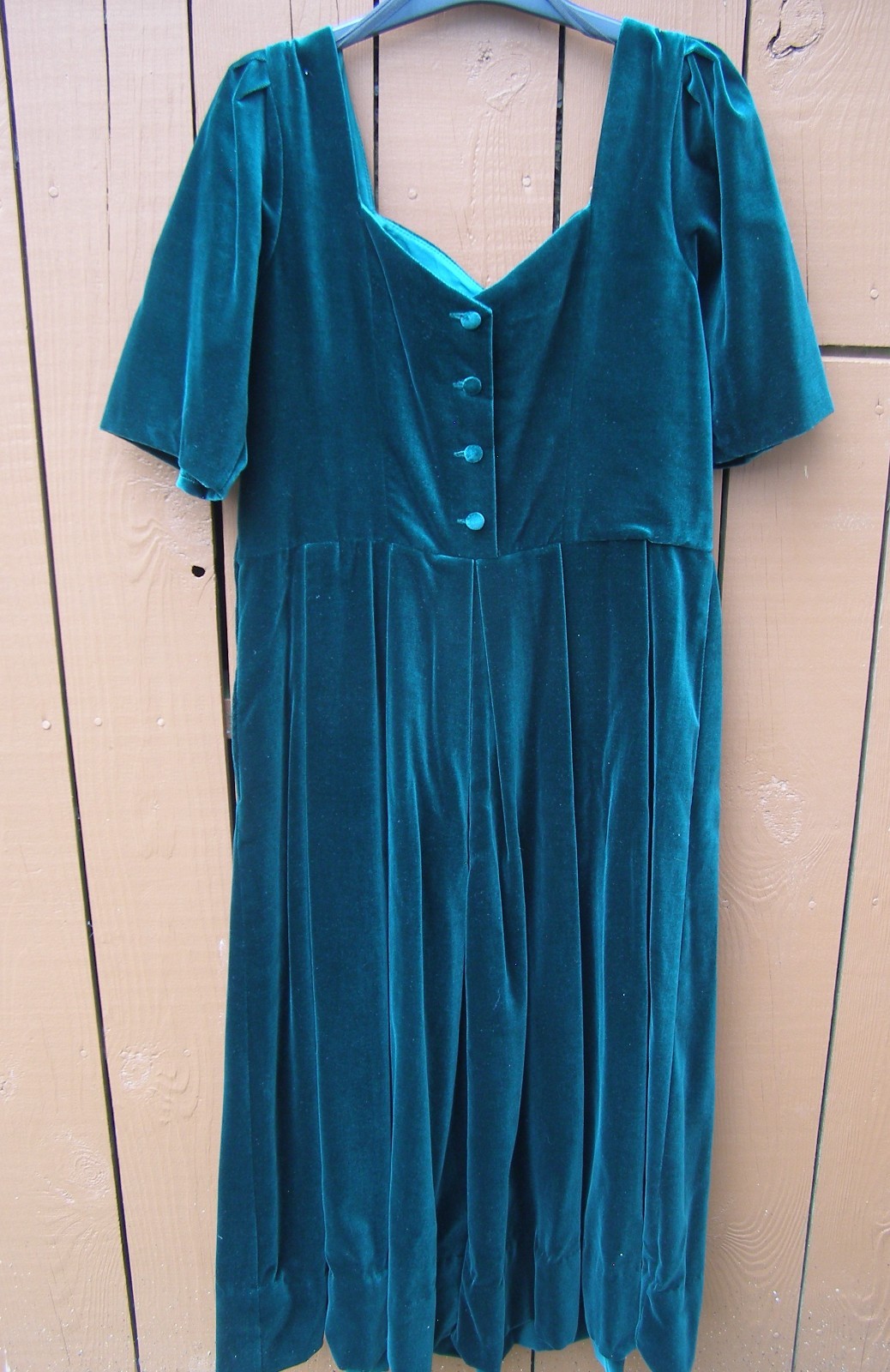 Vintage Green Velvet Velour Laura Ashley Dress Puff Shoulder Back Buttons 14