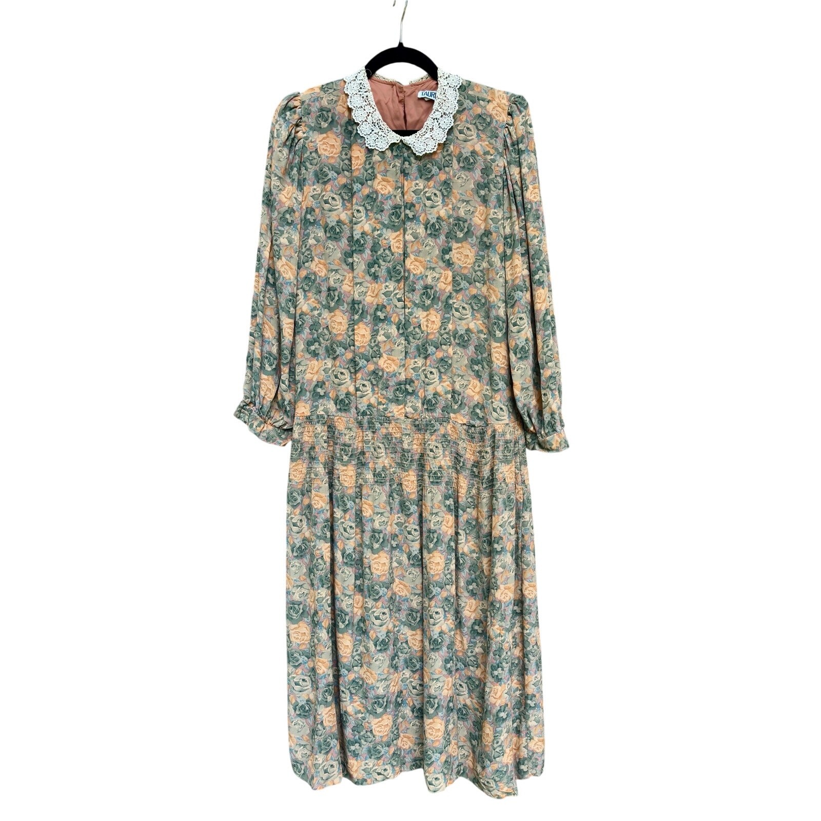 Vintage 80s Taurus II Floral Prairie Dress Lace Collar Drop Waist Pink Green