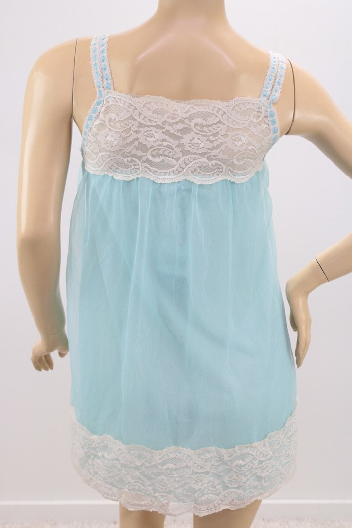 Vintage NWT Avian Nightie S Nightgown Double Nylon Blue Chiffon Lace Trim Flawed
