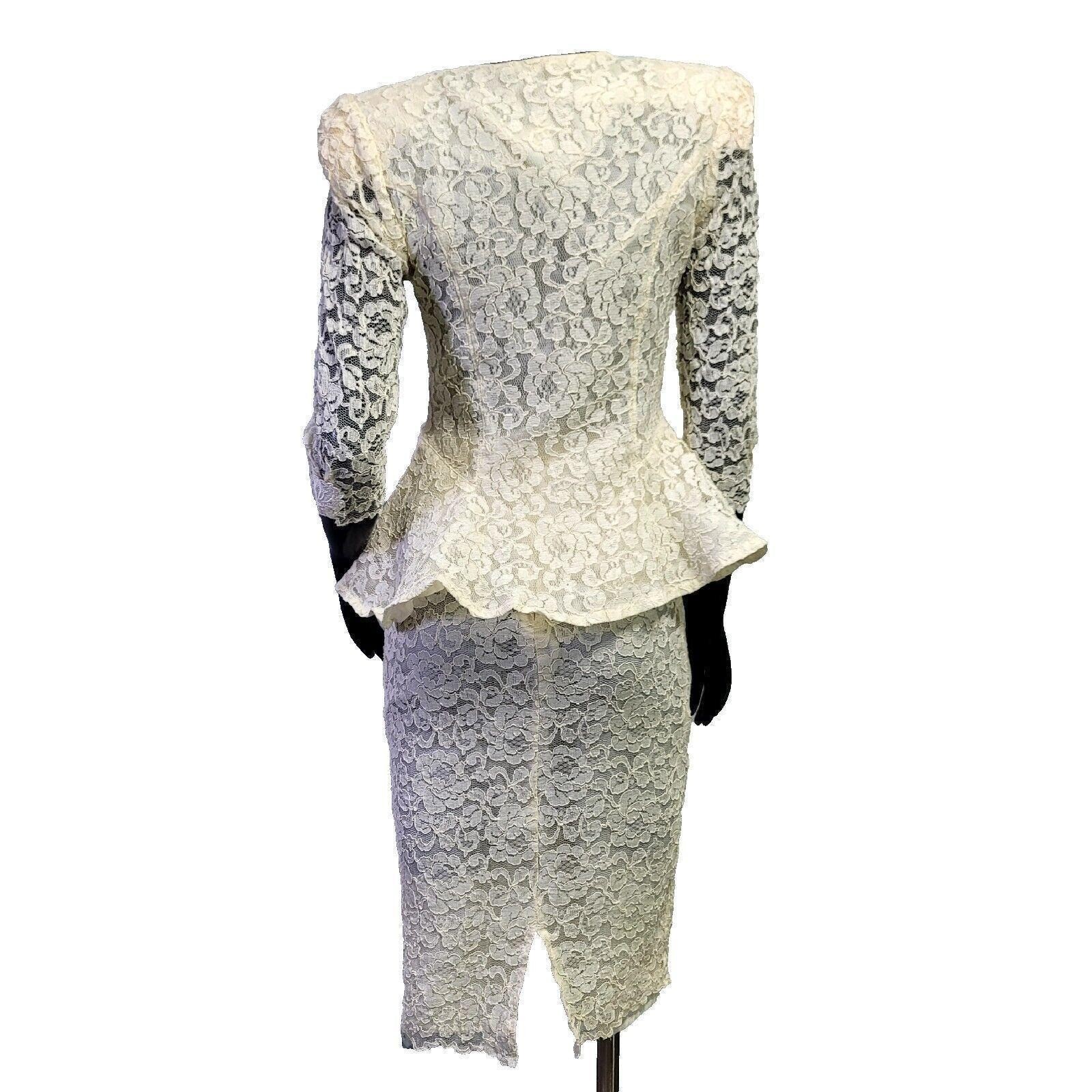 Vintage 80s Termeh NY S Ivory Lace Peplum Skirt Suit Set Bridal Jackie O