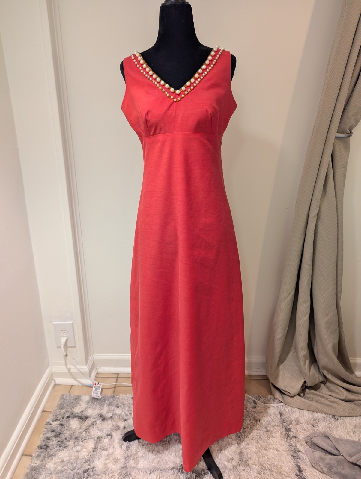 Vintage 1960s Virginia’s House Of Fashion Salmon Beaded Dress Empire Waist Small