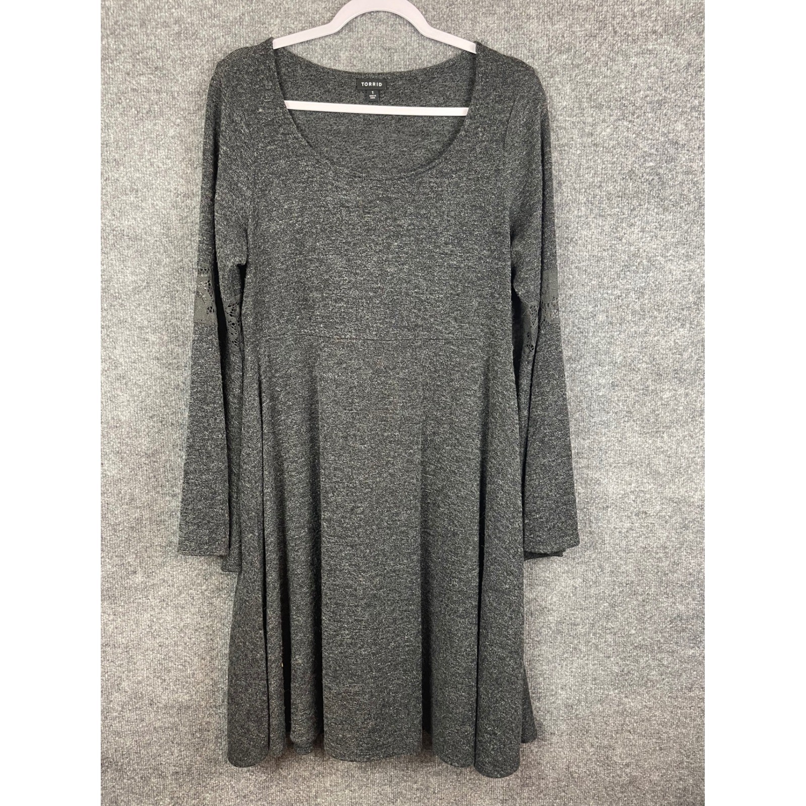 Torrid Skater Dress Women’s 1X Gray Good Lace Bell Sleeve Heathered Scoop Neck